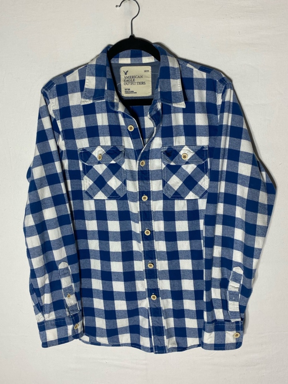 American Eagle Blue White Checked Plaid Cotton Flannel Shirt M Gorpcore Grunge